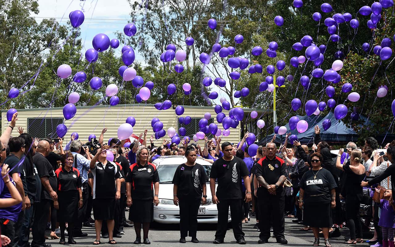 Mourners release balloons at the conclusion of the funeral service for murdered school girl Tiahleigh Palmer in Cornubia, south of Brisbane, November 2015