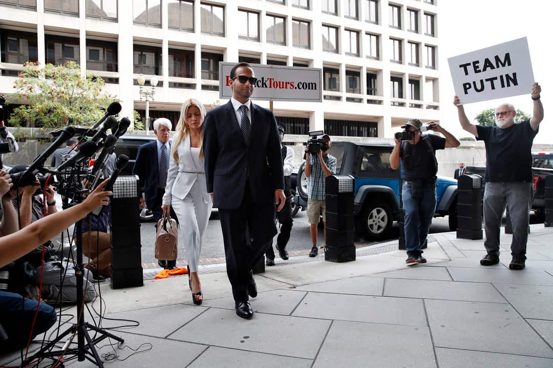 Former Donald Trump presidential campaign foreign policy adviser George Papadopoulos arrives at court with his wife Simona Mangiante.