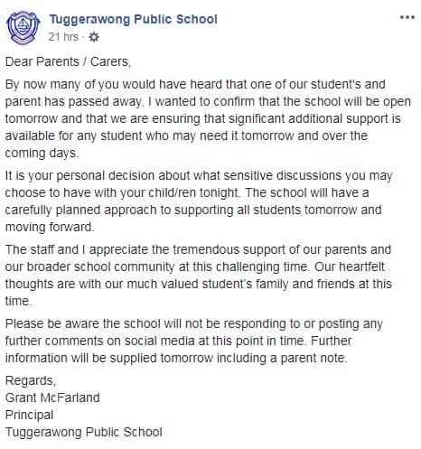 A social media post published by Tuggerawong Public School