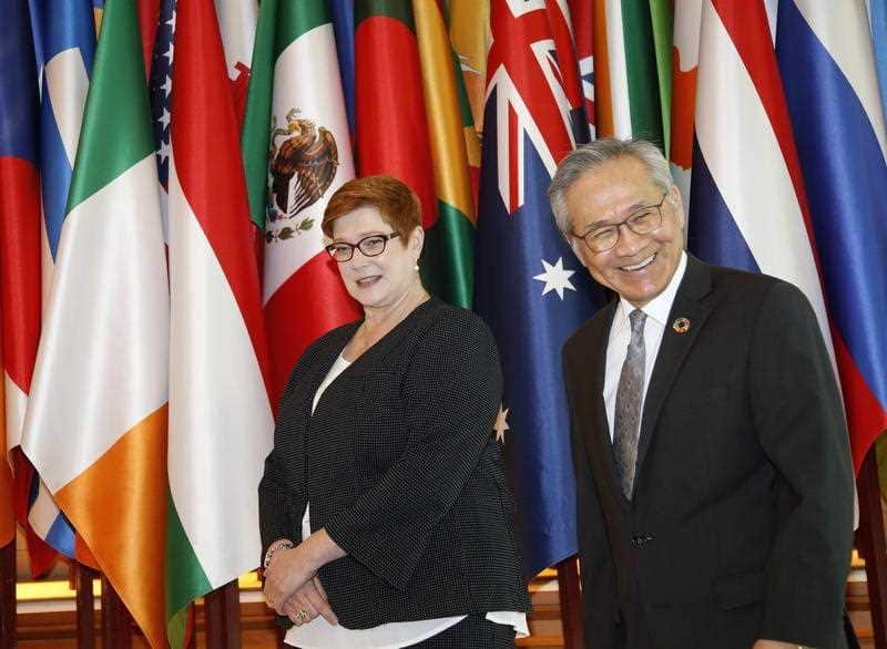 Foreign Affairs Minister Marise Payne is greeted by Thai Minister of Foreign Affairs Don Pramudwinai after she arrives in Bangkok.