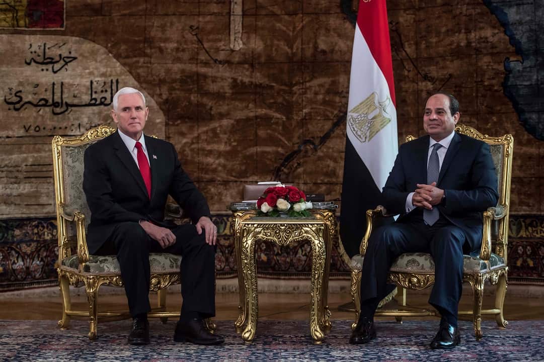 Egyptian President Abdel Fattah al-Sisi, right, meets with US Vice President Mike Pence in Cairo.
