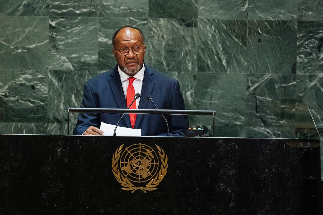 Vanuatu's Prime Minister Charlot Salwai Tabimasmas at the UN.