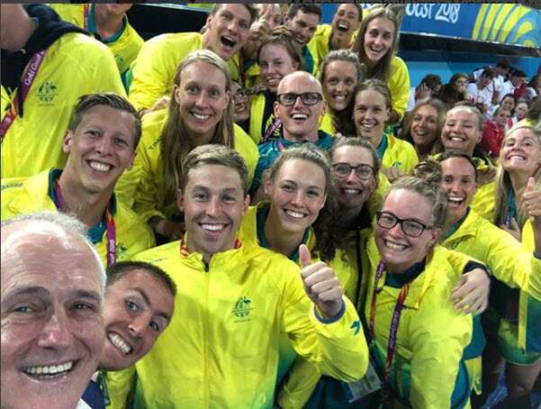 The Prime Minister's selfie with Australia's Commonwealth Games swimmers.