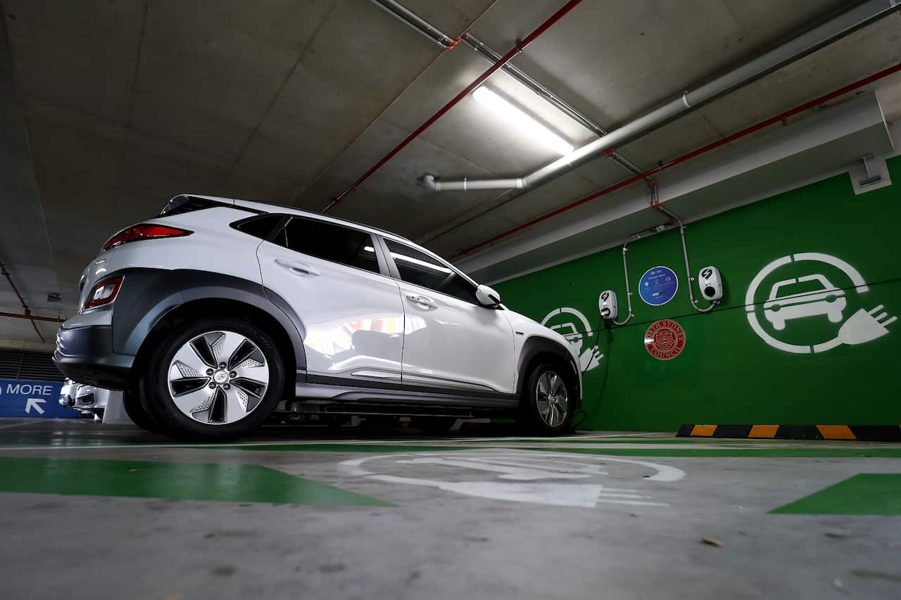 An electric vehicle at a charge station in Crows Nest, Sydney 
