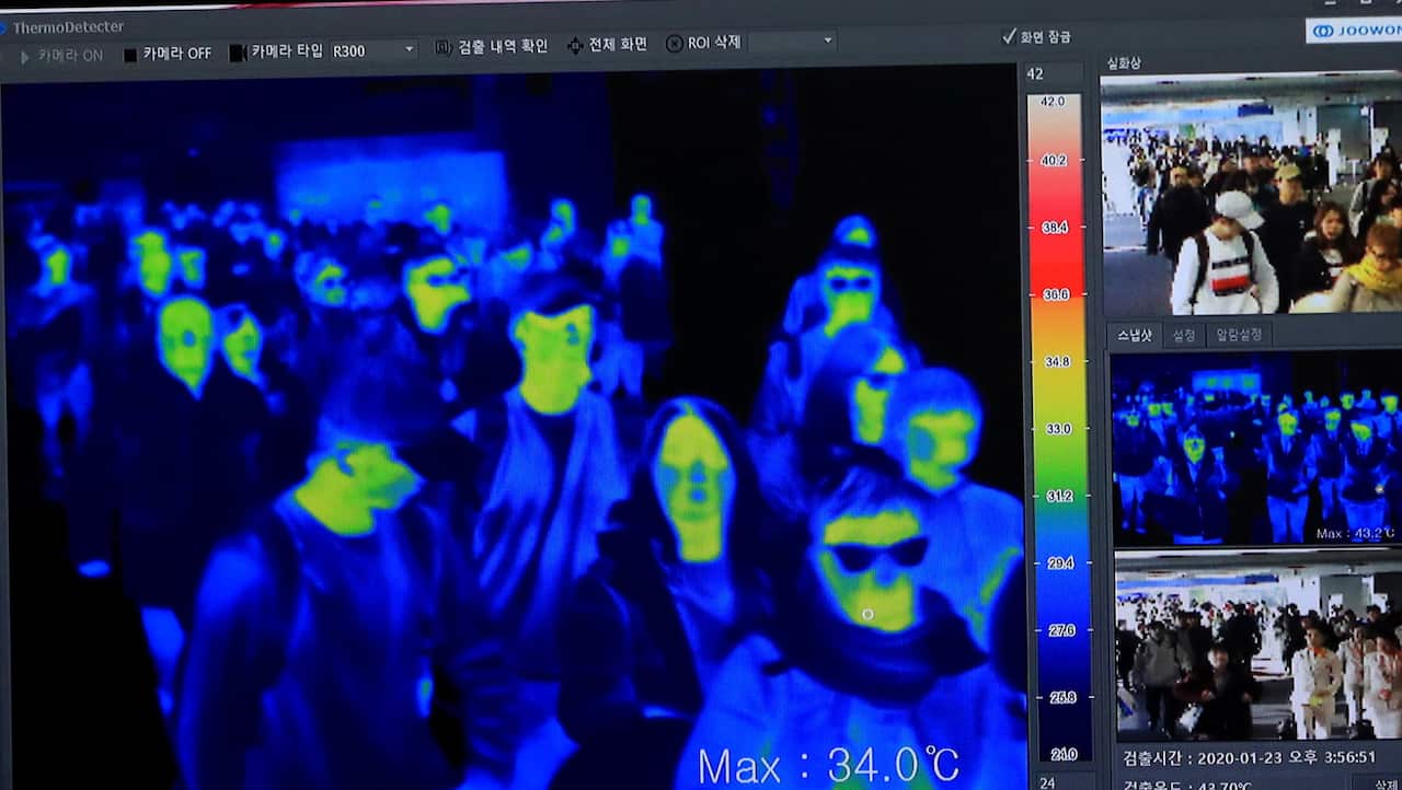 A thermal sensor checks body temperatures to screen for the coronavirus at Seoul airport, Korea