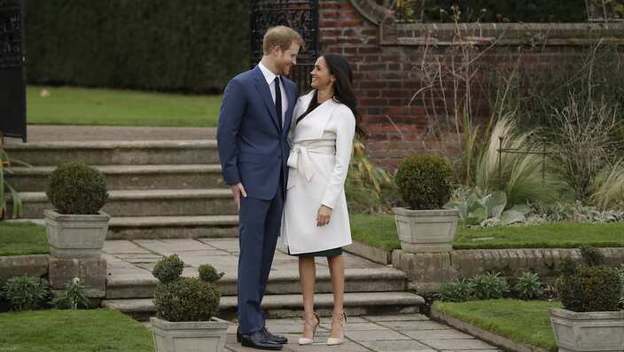 Britain's Prince Harry and his fiancee Meghan Markle pose for photographers during a photocall in the grounds of Kensington Palace in London.