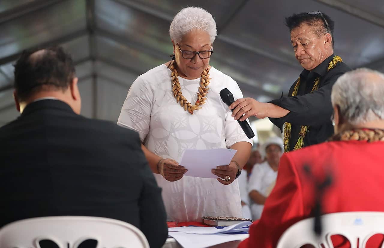 Samoa's Prime Minister-elect Fiame Naomi Mata'afa takes her oath at an unofficial ceremony