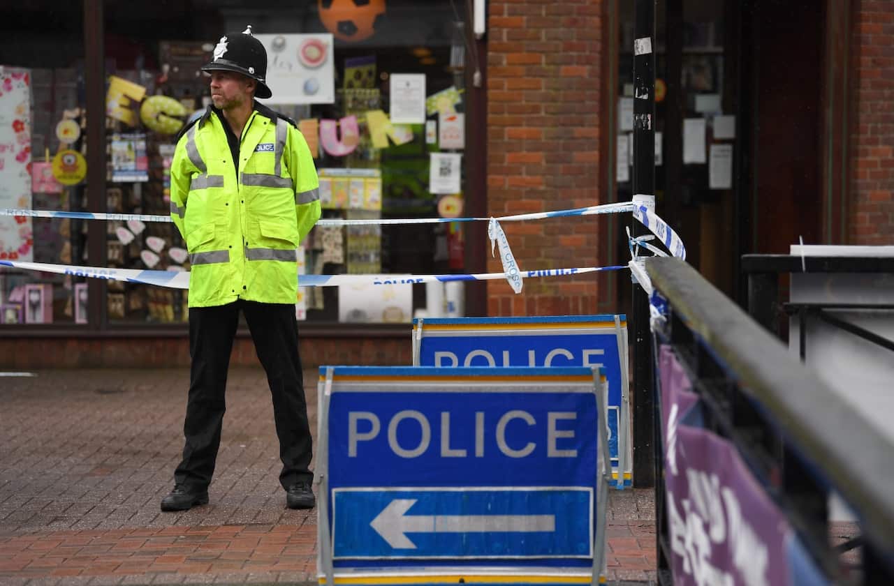 A police officer on duty in a cordoned off area in Salisbury, southern England, 10 March 2018