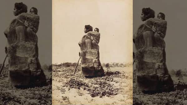 Portrait of unidentified Aboriginal woman wearing a possum skin cloak, carrying a child on her back, South Australia, ca. 1870s. (National Library of Australia)