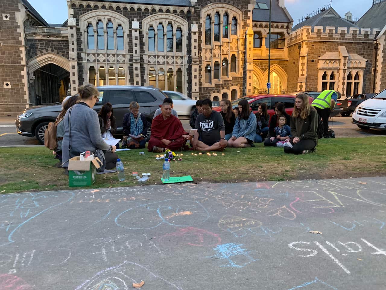 An interfaith prayer session outside the Christchurch memorial, following the shooting.