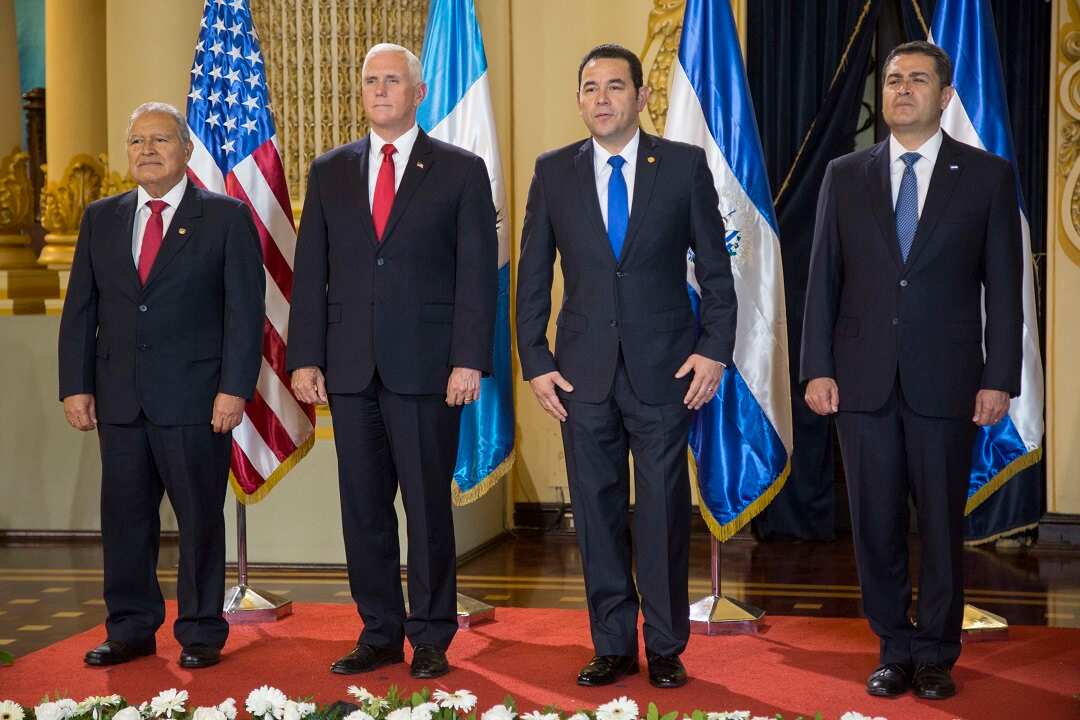 From left, El Salvador's President Salvador Sanchez, US VP Mike Pence, Guatemala's President Jimmy Morales and Honduras' President Juan Orlando Hernandez.