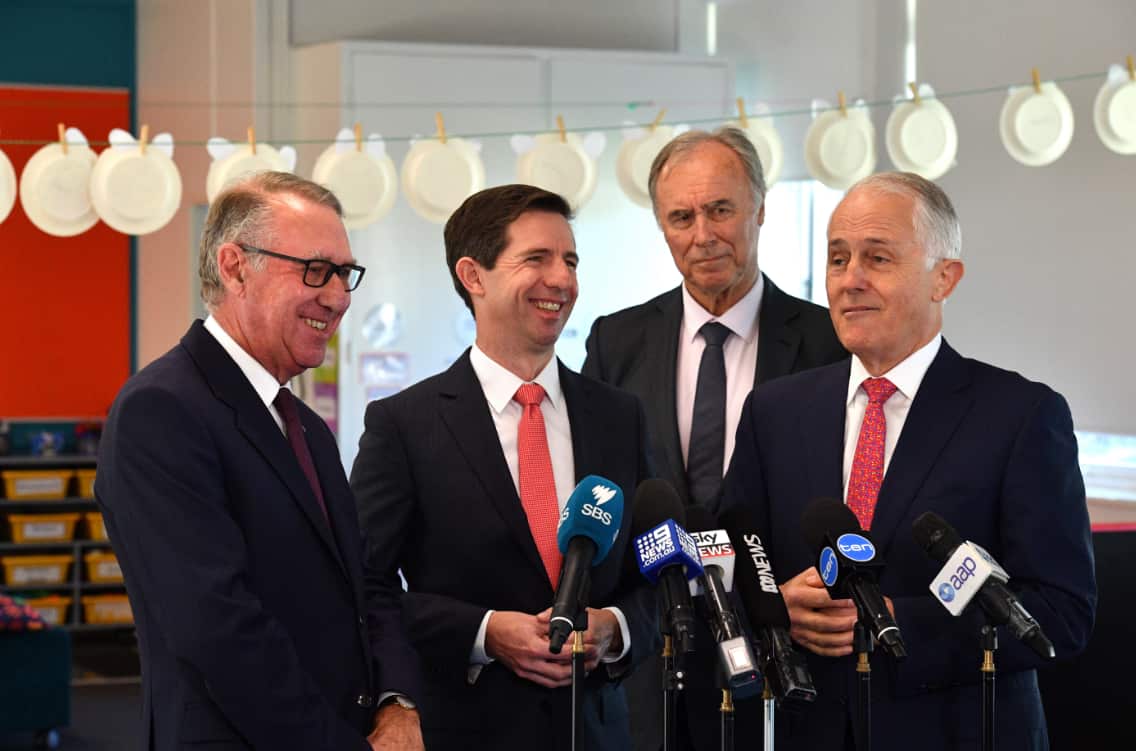 Businessman David Gonski, Education Minister Simon Birmingham, Bennelong MP John Alexander and Prime Minister Malcolm Turnbull launch a major schools report.