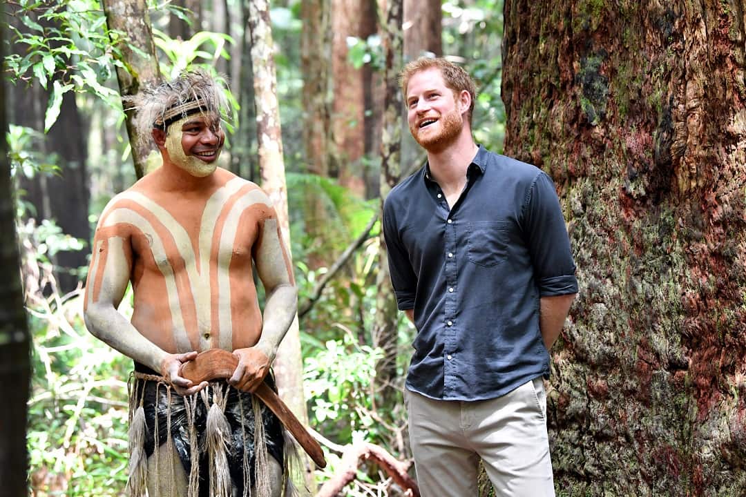 Prince Harry chats with Fred Bulanyu Leone at Pile Valley on Fraser Island.