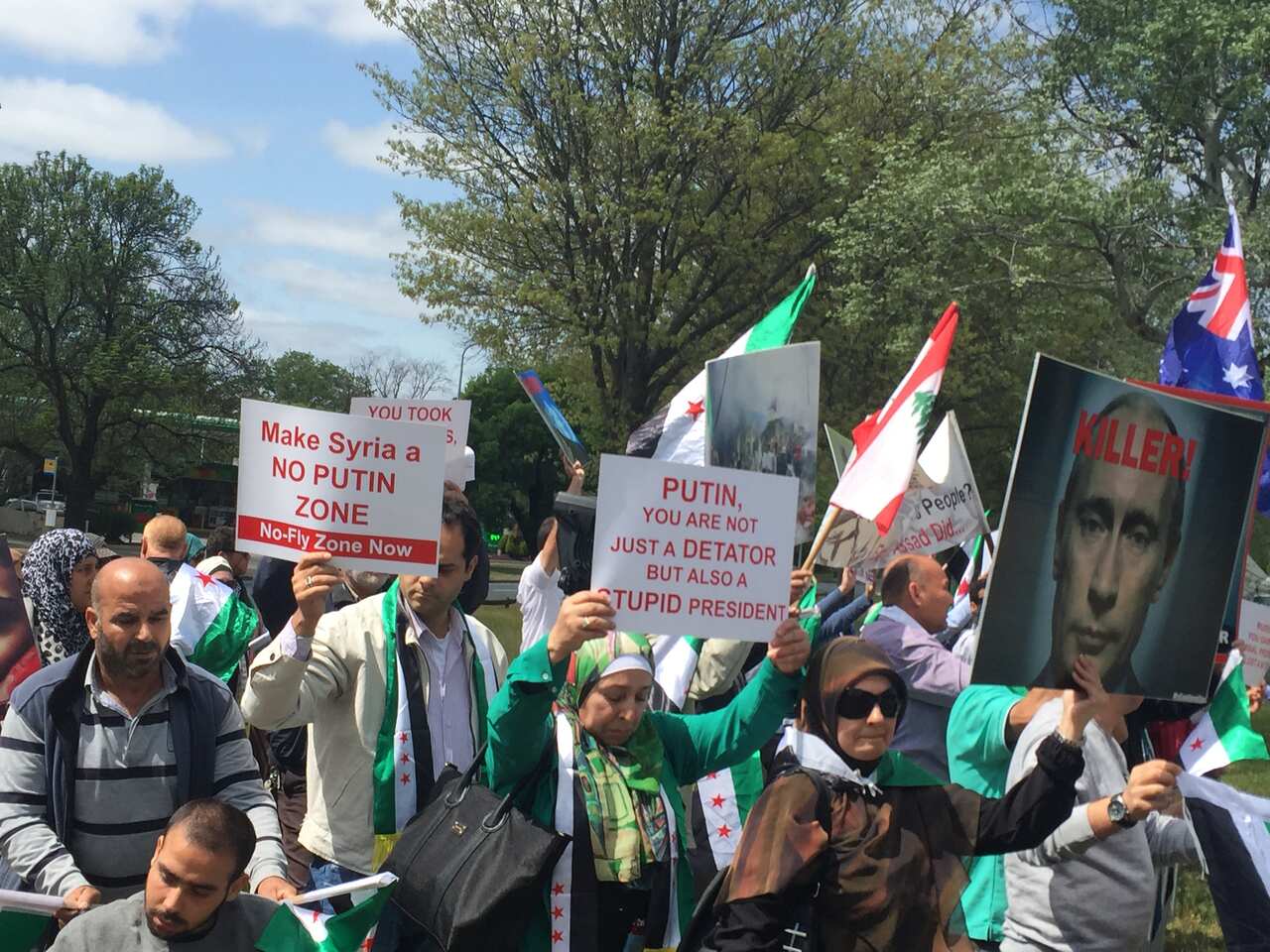 Protesters outside the Russian embassy in Canberra.