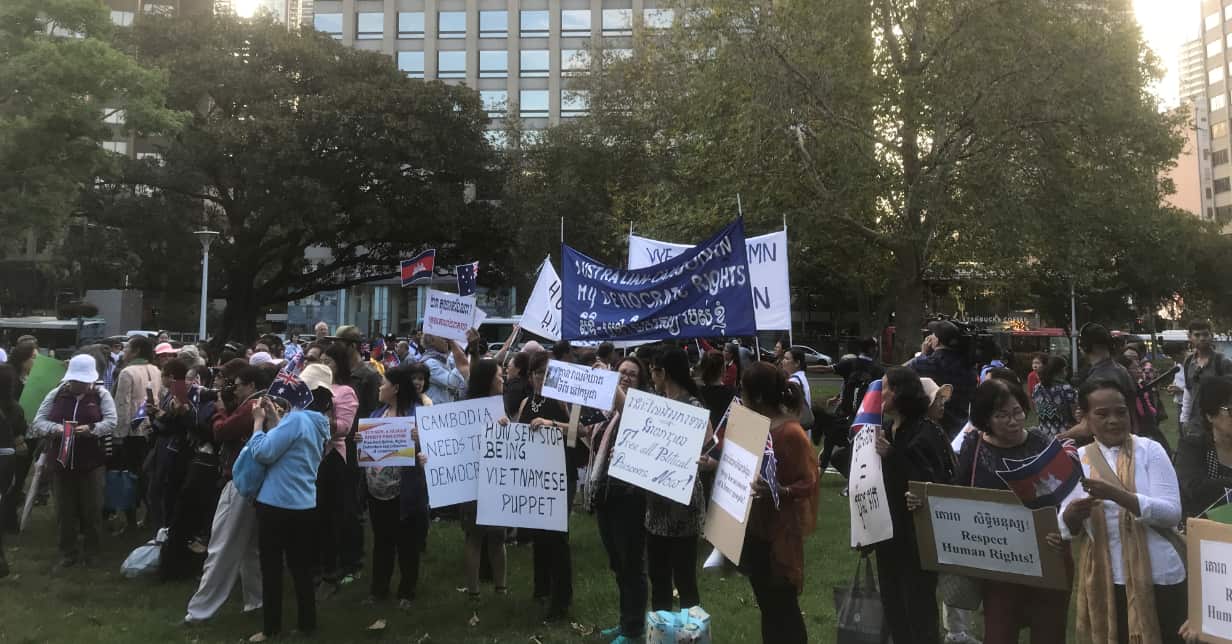 Demonstrators at Hyde Park in Sydney are demanding the international community stand up to Cambodian PM Hun Sen.