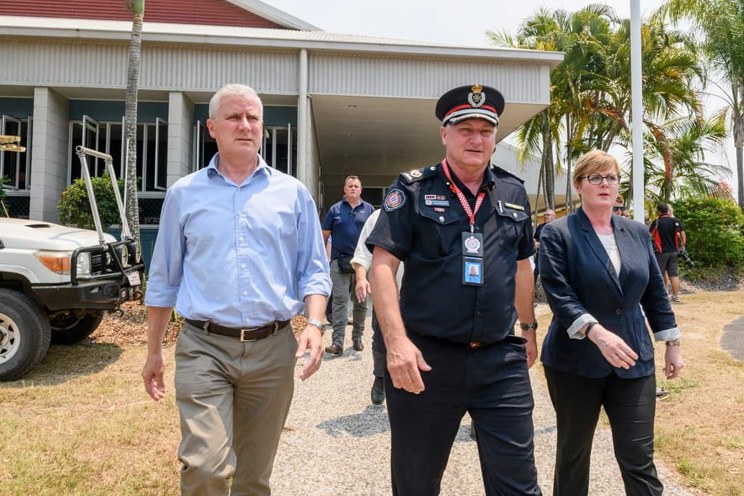 Acting Prime Minster Michael McCormack with Senator Linda Reynolds join QFS Assis Commissioner David Hermann at Miriam Vale Evacuation centre.