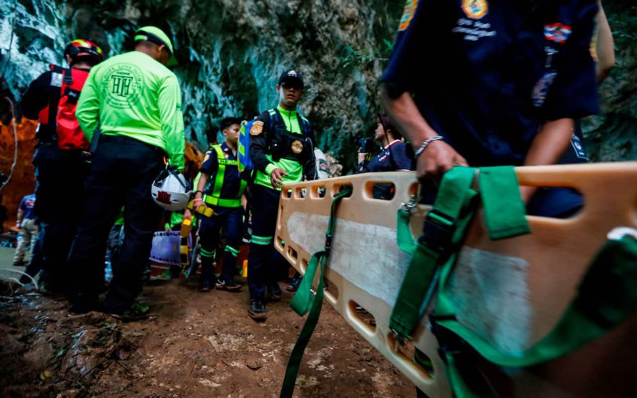 Rescue personnel arrive at the Tham Luang cave to conduct operations to find the missing members of the children's football team.