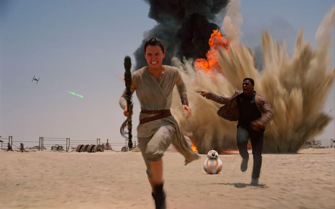 Daisey Ridley as Rey, left, and John Boyega as Finn, in a scene from Star Wars: The Force Awakens.