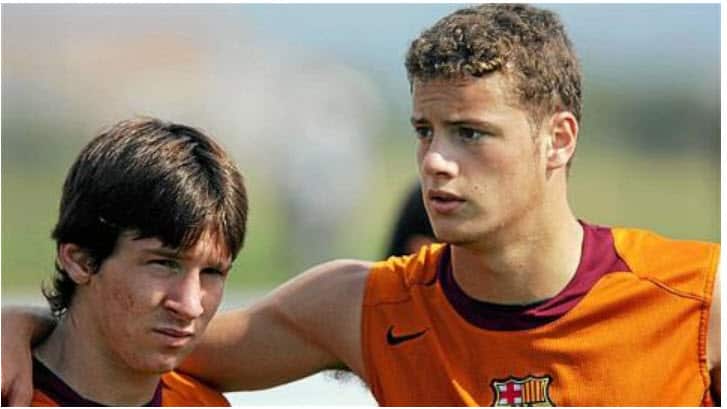 Oriol Riera [right] at training with Lionel Messi at Barcelona's world famous La Masia Academy