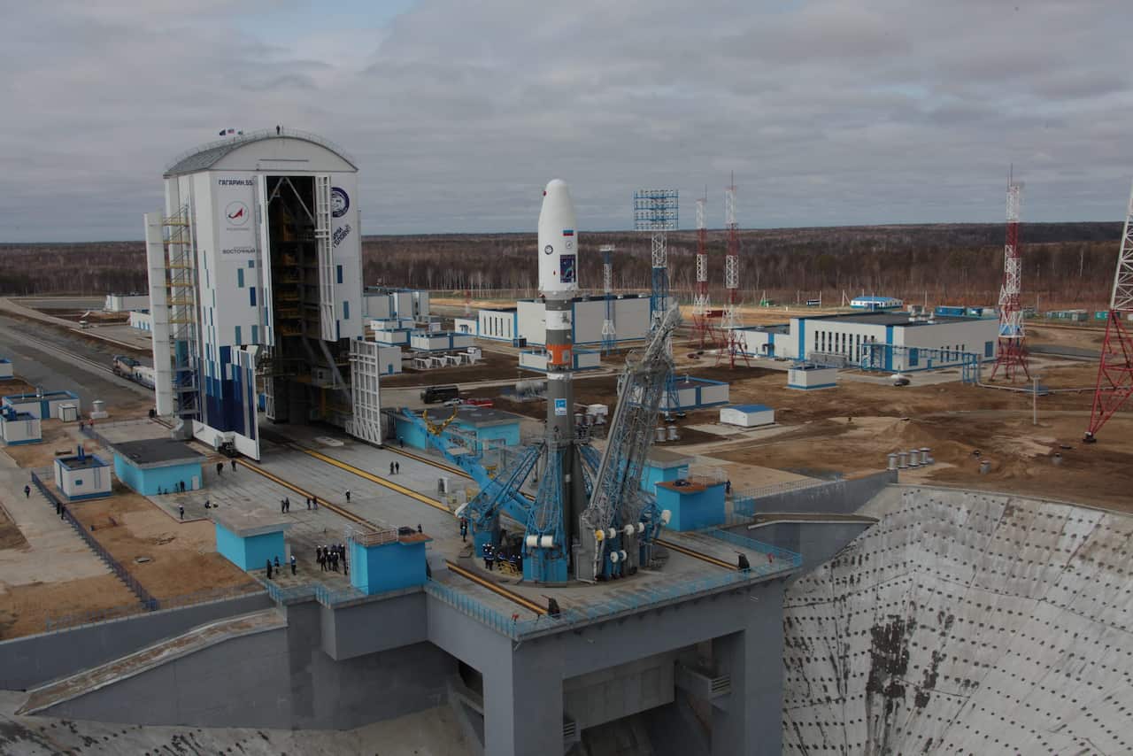 A handout picture shows a Russian Soyuz-2.1a rocket (AAP)