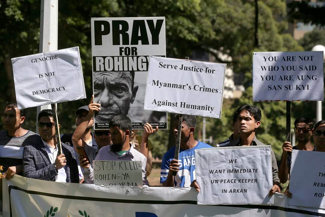 Members of the Rohingya community gathered in Hyde park to protest against Myanmar leader Aung San Suu Kyi.