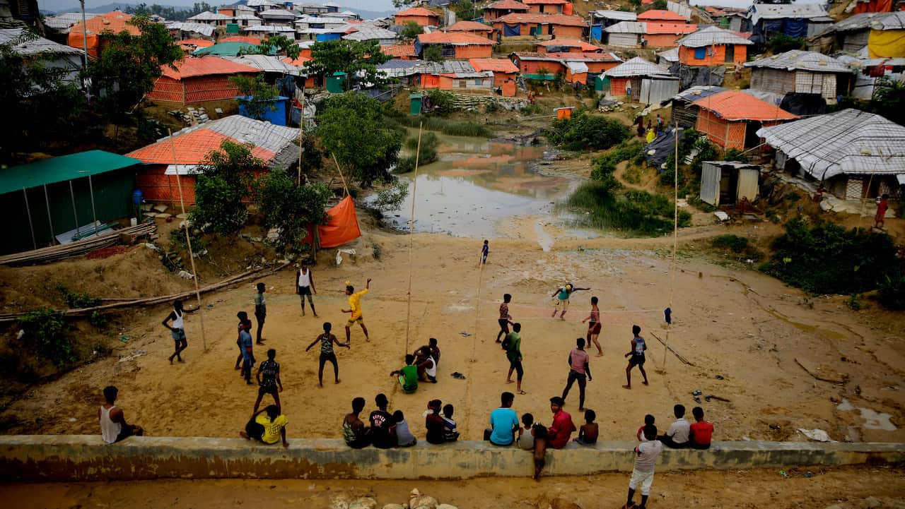 Rohingya refugees play at Balukhali Refugee Camp in Bangladesh. Thousands have fled their homes, fearing the crackdown.