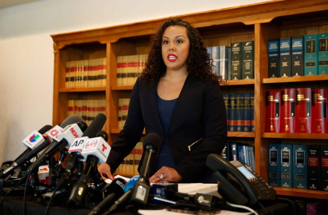 Attorney Larissa Drohobyczer speaks during a news conference about rape allegations against football star Cristiano Ronaldo.