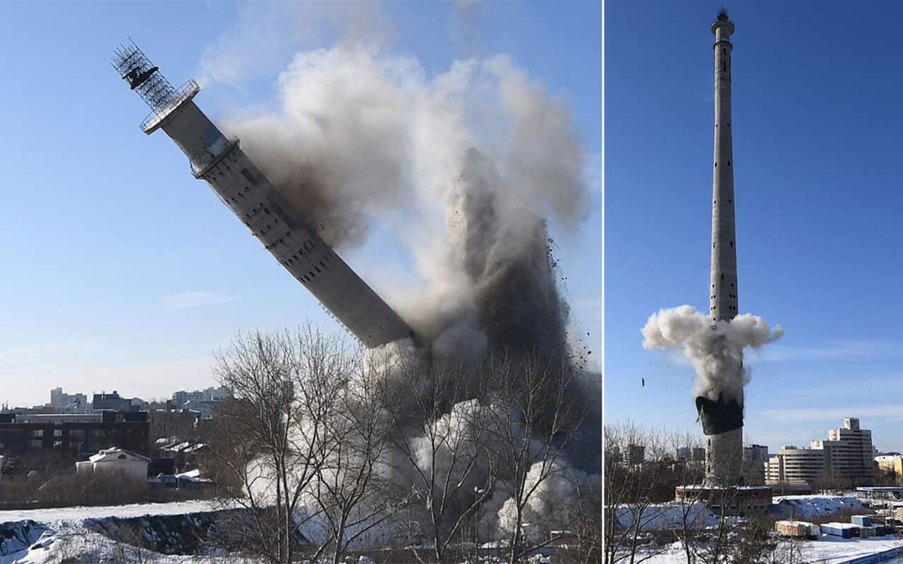 The abandoned TV tower being demolished in Yekaterinburg. The tower, built in the late 1980s, was left unfinished after the funding was cut off in 1990.