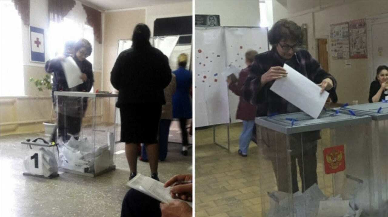 Ludmila Sklyarevskaya, who denied voting multiple times, casting a ballot at polling station number 215 (L) and casting a ballot at another polling station. 