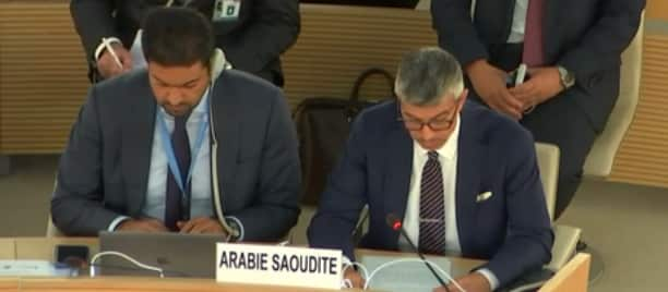 Saudi ambassador Abdulaziz Alwasil speaks to the UN Human Rights Council in Geneva.