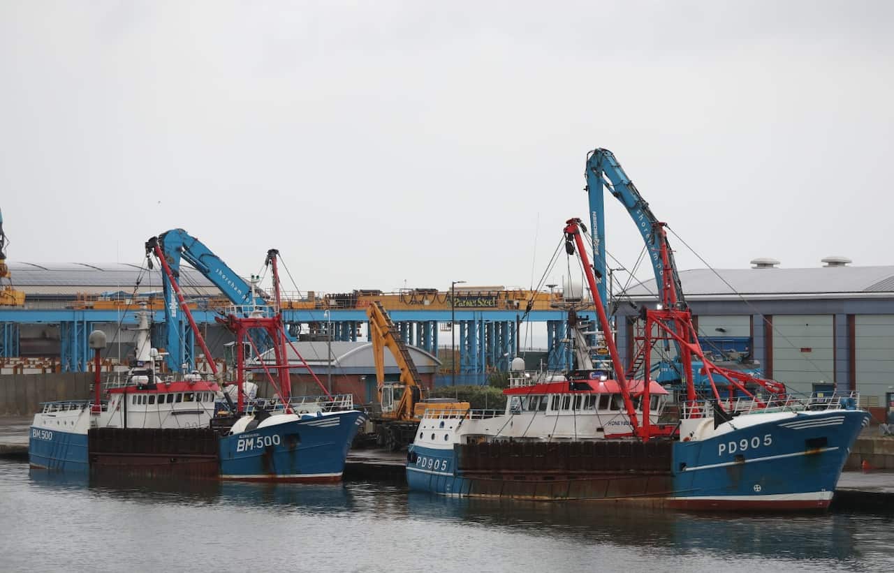 The Honeybourne 3 (right), a Scottish scallop dredger, in dock at Shoreham, West Sussex, following clashes with French fishermen in the early hours of Tuesday