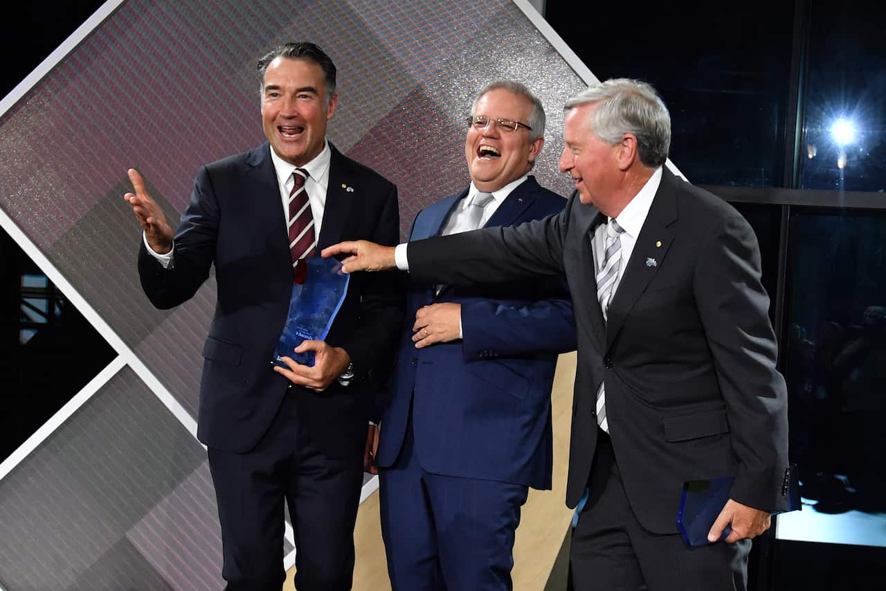 2020 Australian of the Year winner Dr James Muecke, Prime Minister Scott Morrison and 2020 Senior Australian of the Year winner Professor John Newnham.