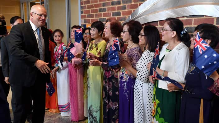 Prime Minister Scott Morrison arrives at a multicultural event at Koodoonla 25 km north of Perth, ahead of the election. 
