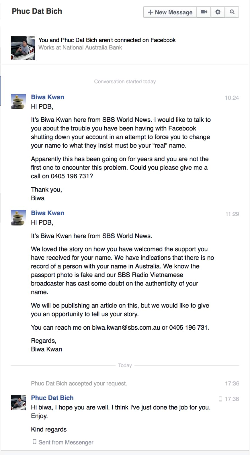A screengrab of the man styling himself as Phuc Dat Bich's response to SBS journalist Biwa Kwan.