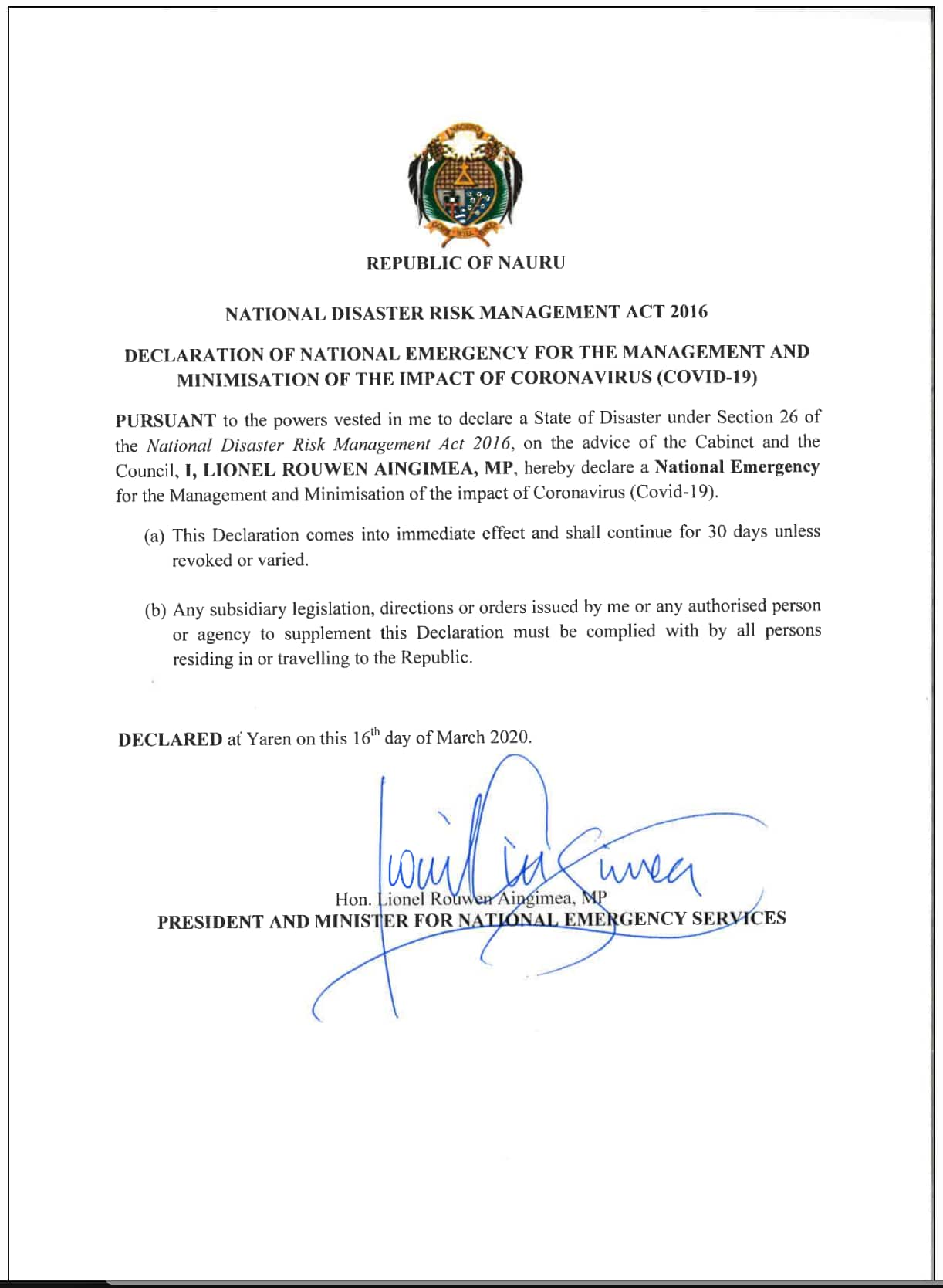 Declaration of 'State of Emergency' in Nauru.