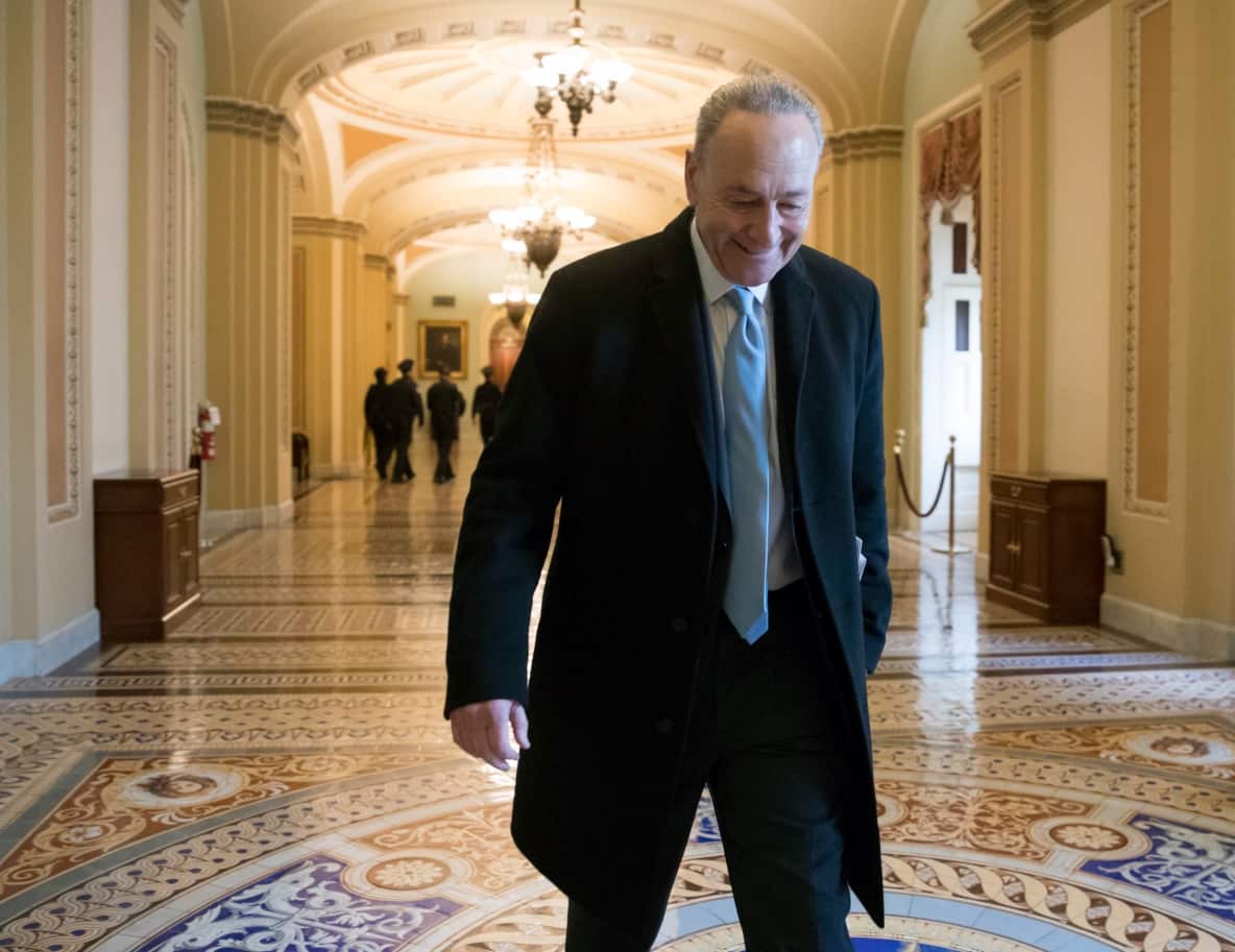Senate Minority Leader Chuck Schumer, D-N.Y., arrives at the Capitol at the start of the third day of the government shutdown (AAP)