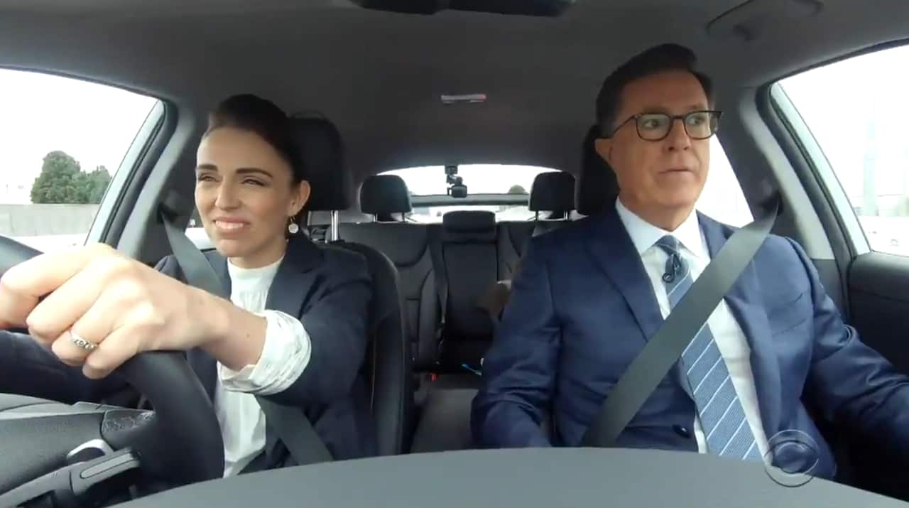 Jacinda Ardern picks up Stephen Colbert from the airport.