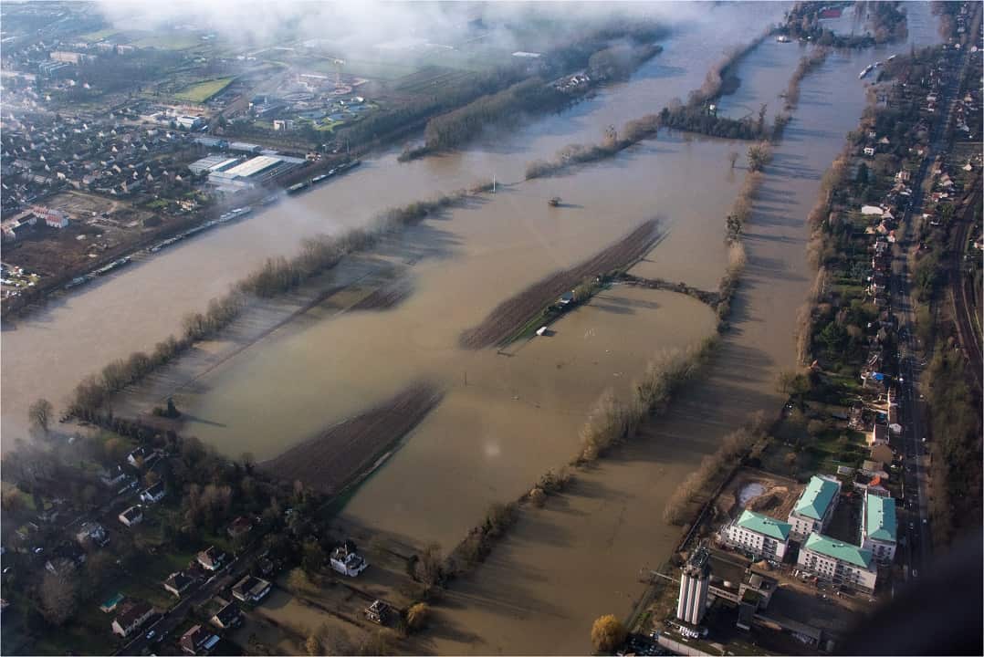 An aerial view of the flooded Seine river between Epone and Moisson in France.