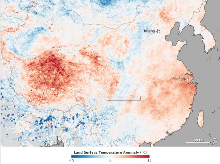 Temperature anomalies in China, 2013 NASA Earth Observatory images by Jesse Allen, using Landsat data from the U.S. Geological Survey and Terra MODIS data from the Land Processes Distributed Active Archive Center.