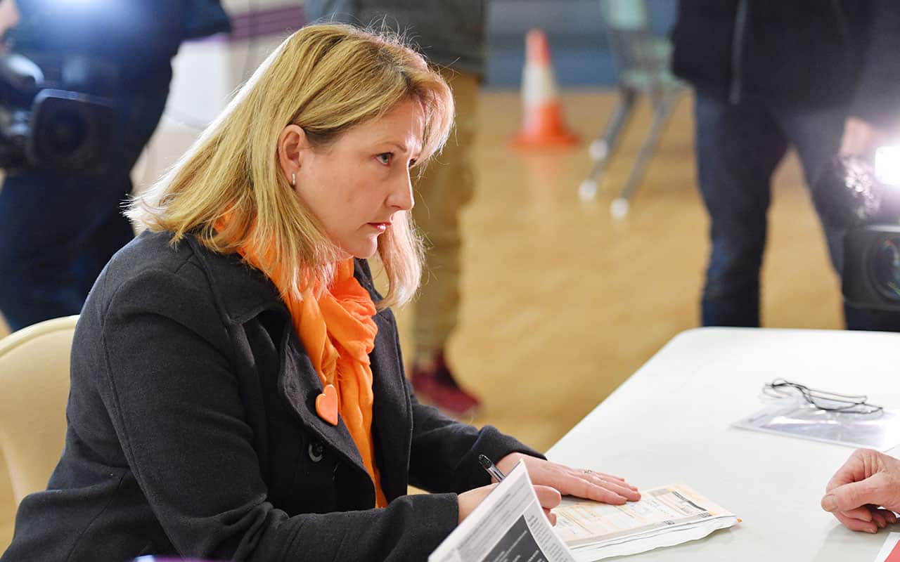 Centre Alliance candidate Rebekha Sharkie is seen preparing to cast her vote at the main hall in Mt Torrens, Adelaide, South Australia, Saturday, July 28, 2018.