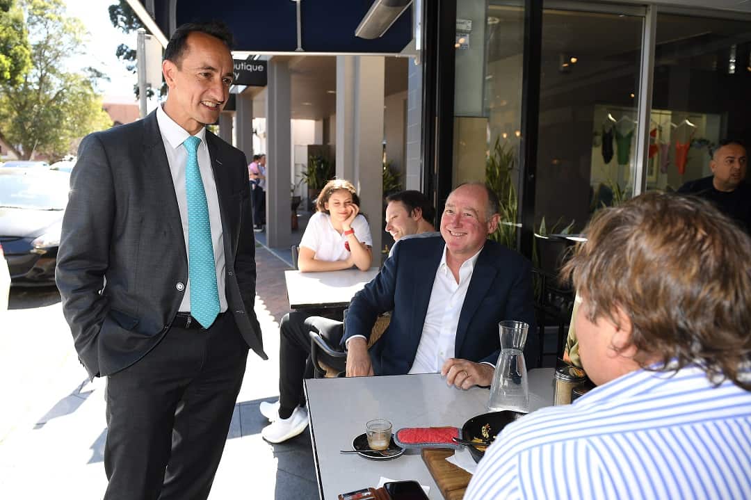 Liberal candidate for Wentworth Dave Sharma was also canvassing for votes in Double Bay.