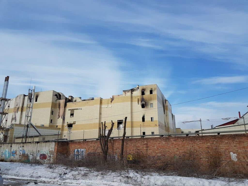An outside view of a damaged shopping mall where 64 people were killed after a fire on Monday, in Kemerovo, Russia on March 28, 2018.