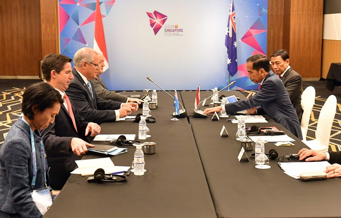 Australia's Prime Minister Scott Morrison and Indonesia's President Joko Widodo at a bilateral meeting during the 2018 ASEAN Summit in Singapore.