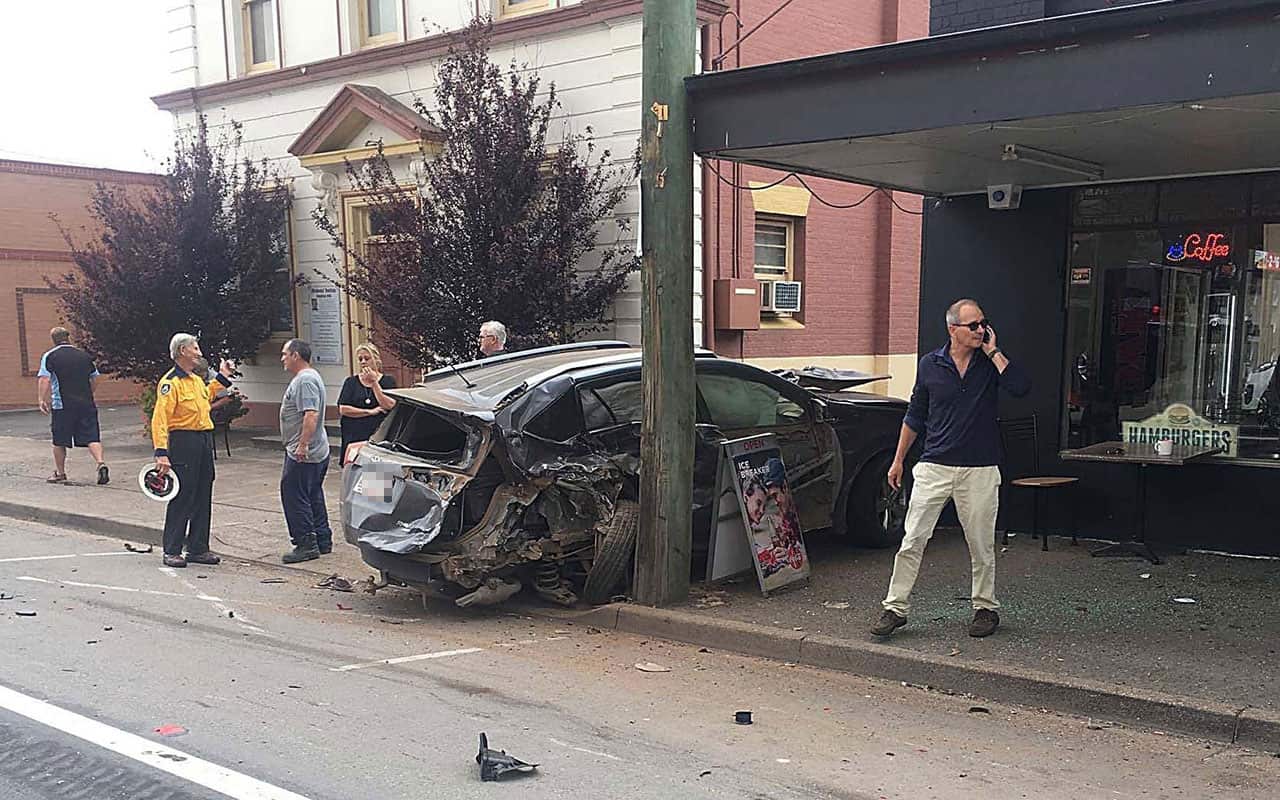 A car damaged at Singleton on Wednesday morning when a stolen truck caused chaos in the town. 