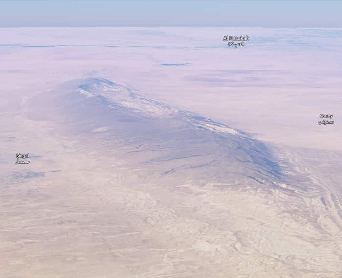 A view of the Sinjar mountain range looking west towards Al-Hasakah in Syria.