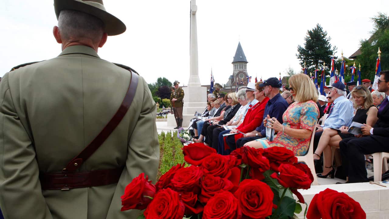 The Headstone Dedication ceremony for 12 Australian WWI soldiers identified on 16 April 2014, at the Fromelles (Pheasant Wood) Military Cemetery.