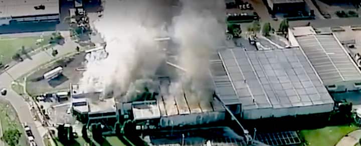 The Diseb Somerton factory burning in 2018.