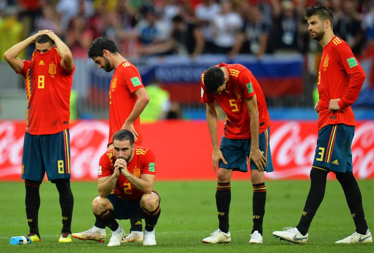 Players of Spain react during the penalty shootout of the FIFA World Cup 2018 round of 16 soccer match