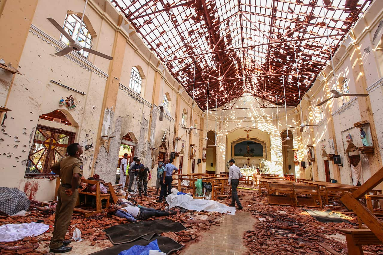 The aftermath of the Easter bombing attacks inside St. Sebastian's Church, Negombo, north of Colombo.