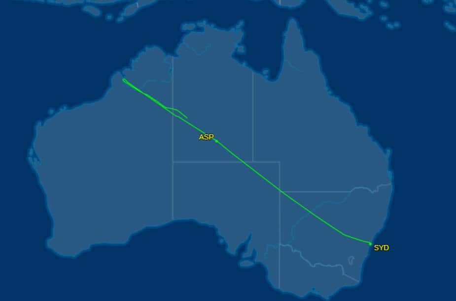 The flight path shows the plane travelling back to Alice Springs. 